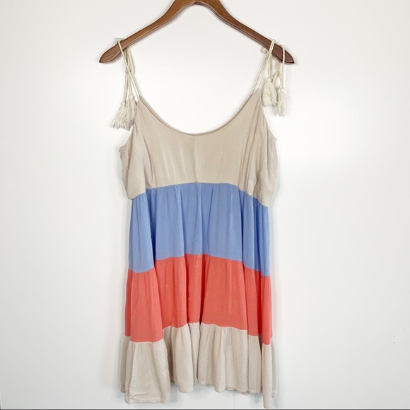 143 Story Color Block Tiered Mini Dress in Tan, Blue and Orange, Size Large - Picture 5 of 7